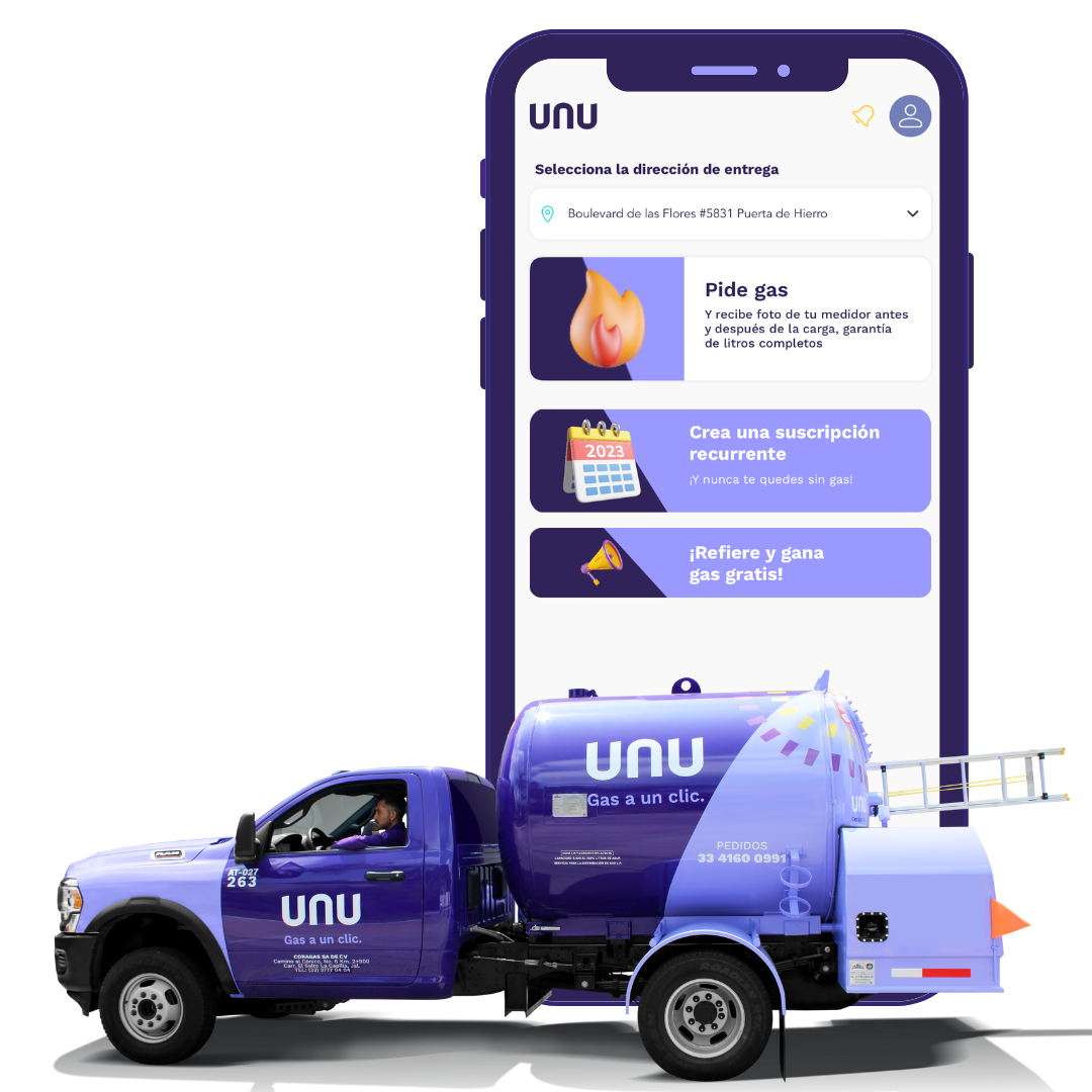 Pantallas de la App UNU para pedir y programar gas LP